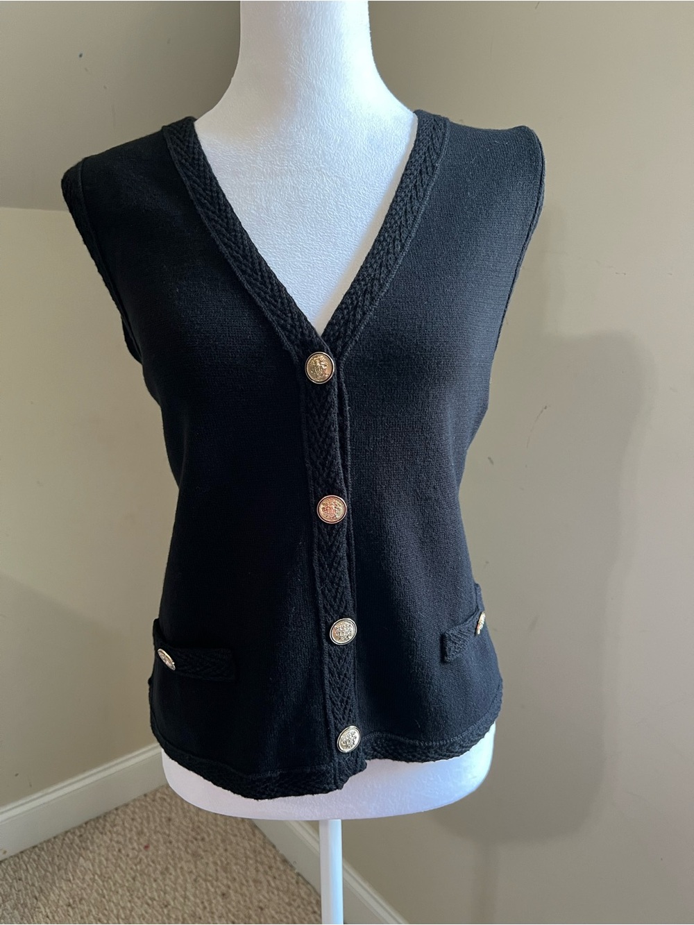 Ann Taylor Factory Black Sleeveless V-Neck Button Knit Sweater Vest